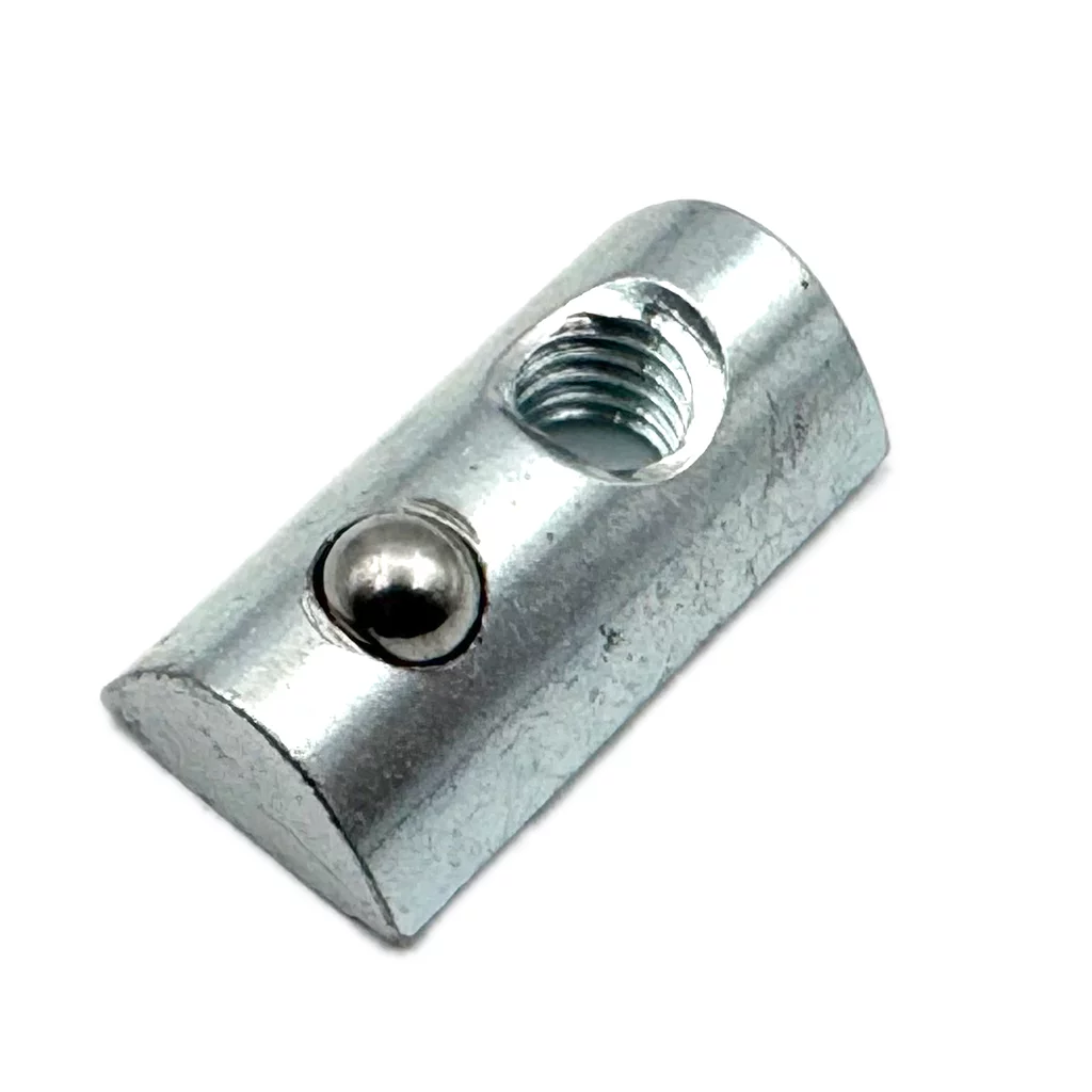 Dado a T con sfera a molla in acciaio per profili estrusi in alluminio.